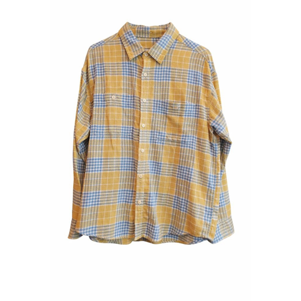 American Eagle Flannel Shirt Men’s Large Yellow Blue Plaid Button Up Soft Cotton